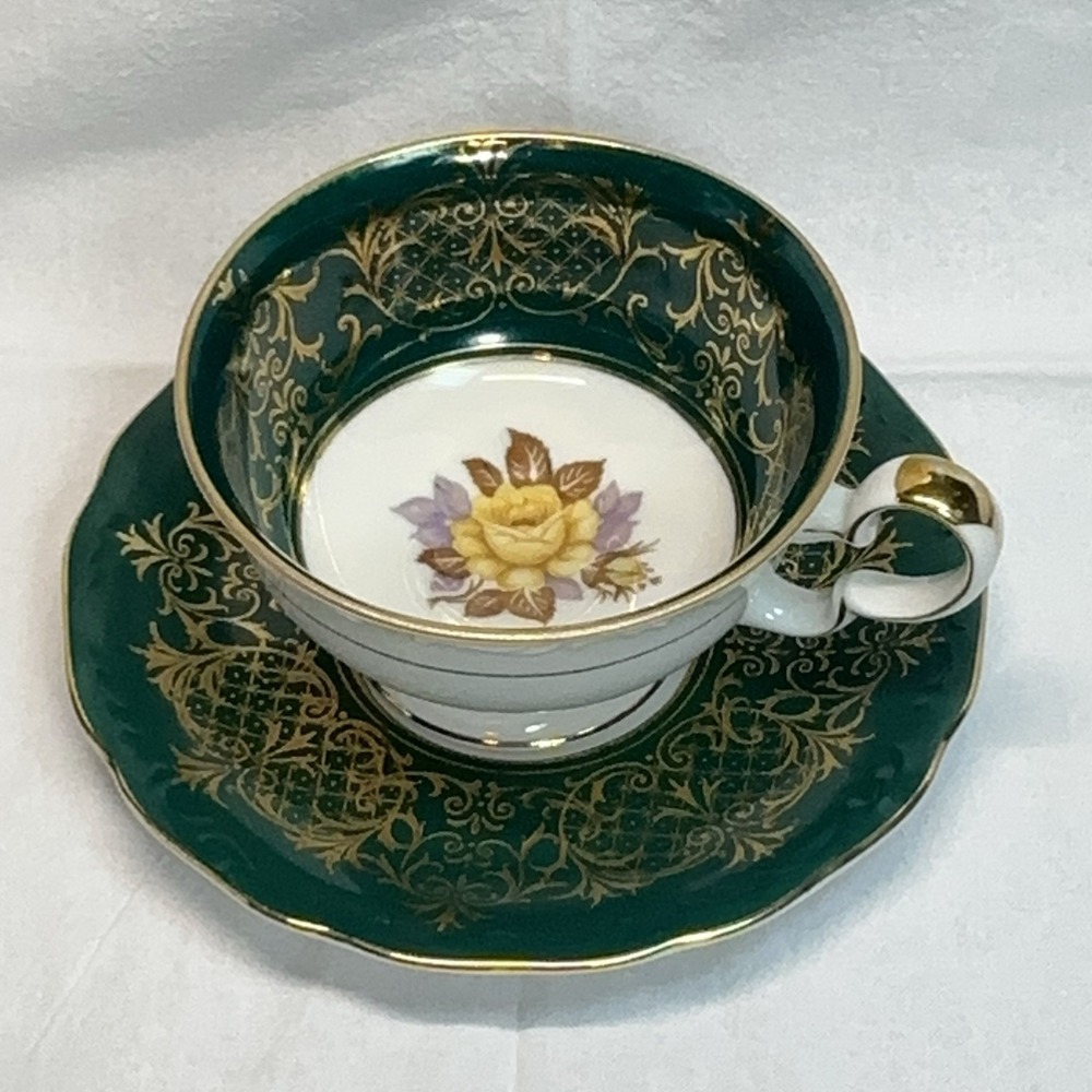 Vtg Emerald Green Gold Filigree TeaCup Saucer Yellow Rose Regencycore Bone China
